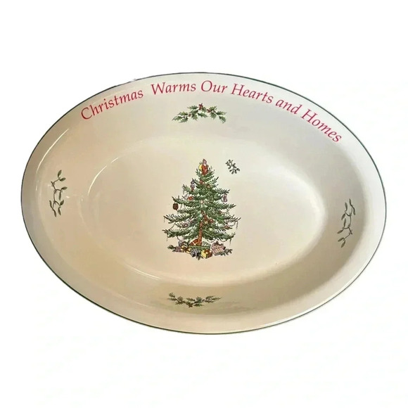 SPODE Christmas Tree Sentiment Oval Green Rim Dish 12.75" Microwave Freezer Safe - Picture 1 of 6